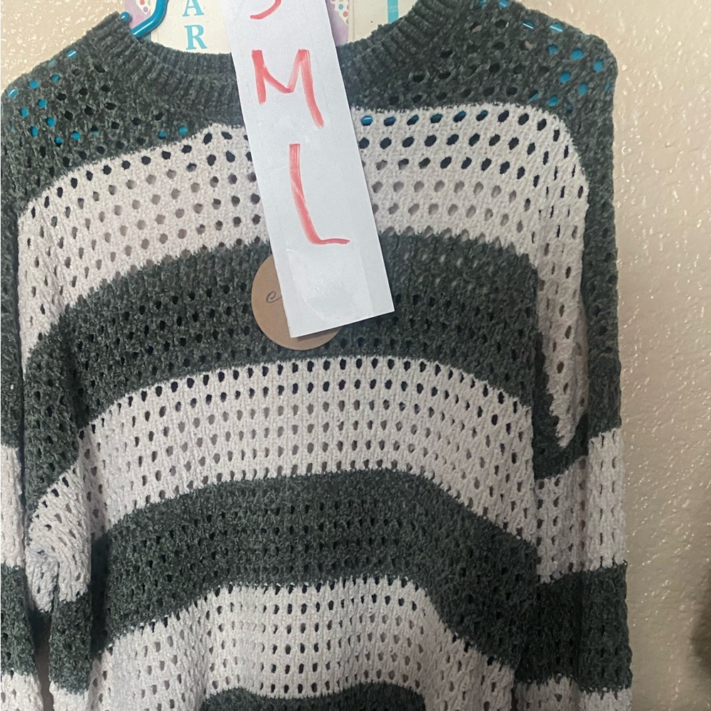 Striped Open-Knit Sweater in Olive Green and Ivory